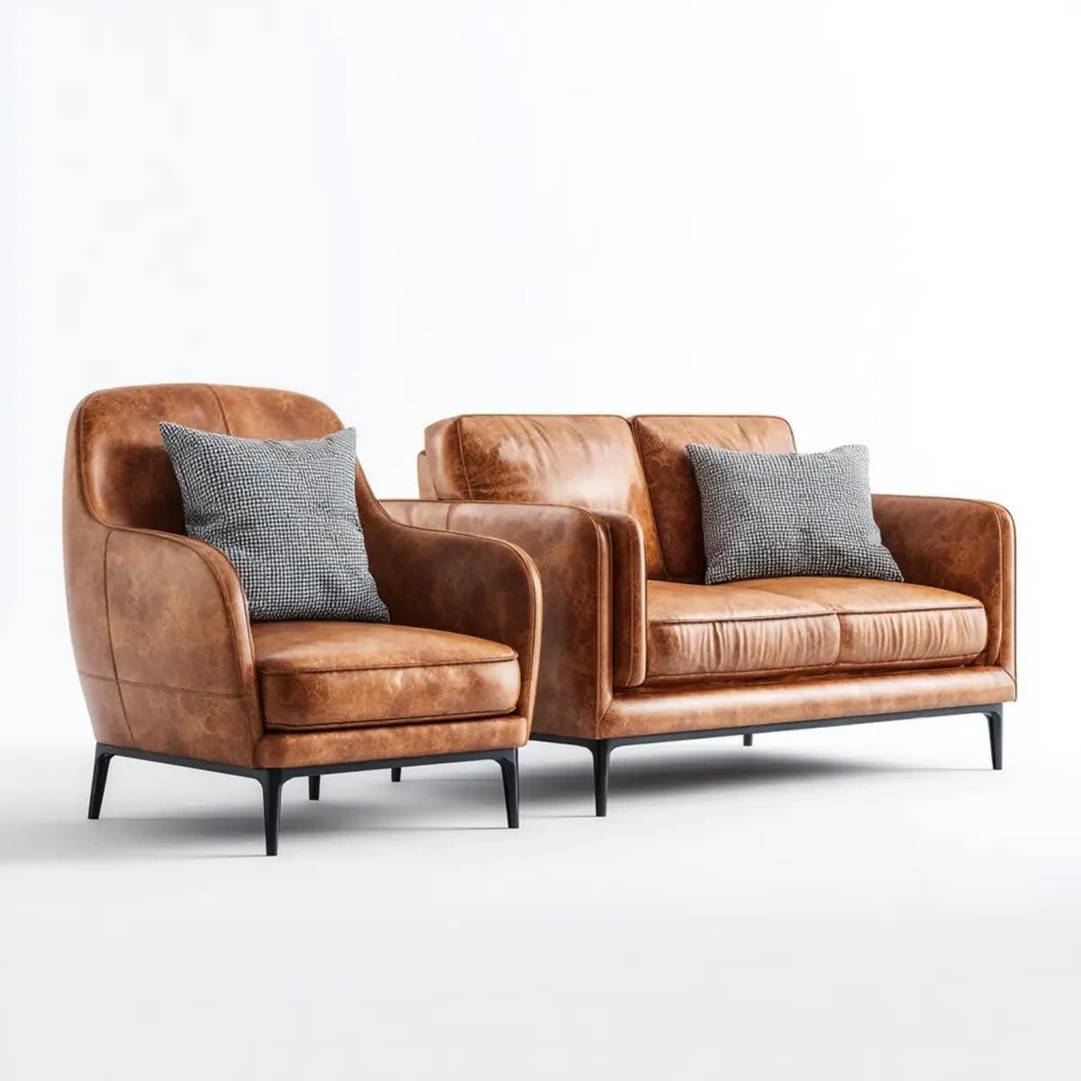 Sofa, Zestaw sofy 2-fotela sofa i fotel koniaku brązowy z PU sztucznej skóry ze stalowych nóżek 150 x 84 x 86 cm i 85 x 84 x 86 cm
