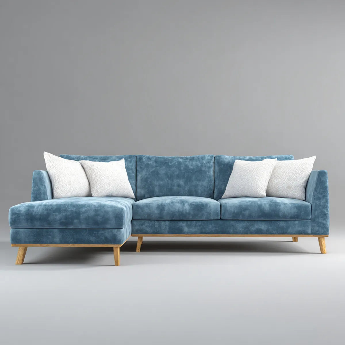 Sofa, Lewy kąt sofa 3 niebieski poliester aksamitny siedzenia 270 x 160 x 85 cm z litych drewnianych nóżek L kształt