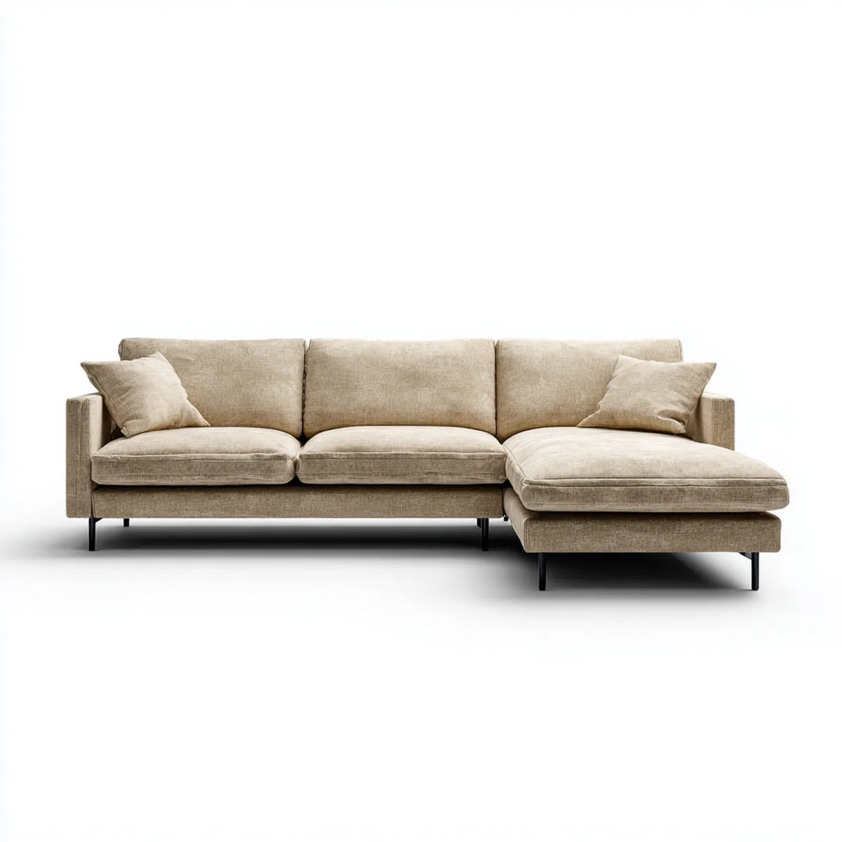 Sofa, Rożna sofa 3 beżowe poliestrowe fotele z krzesełkiem z prawej strony 280 x 165 x 85 cm