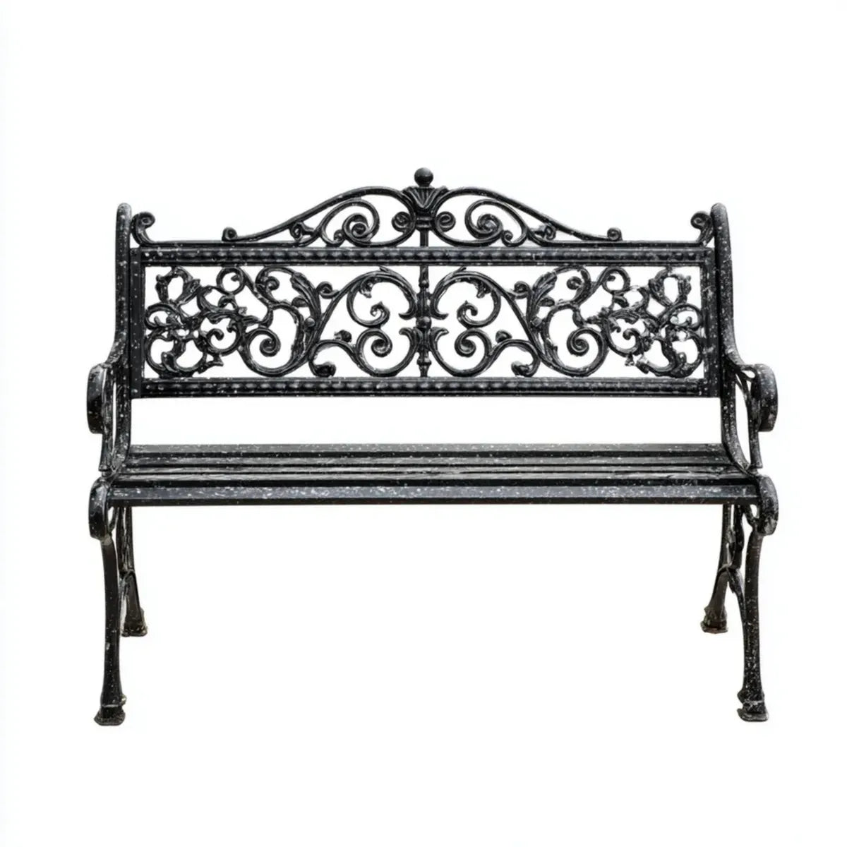 Ławka ogrodowa 2 czarne siedzenia w prostokątnym odlewie z żeliwa 127 x 63 x 87 cm