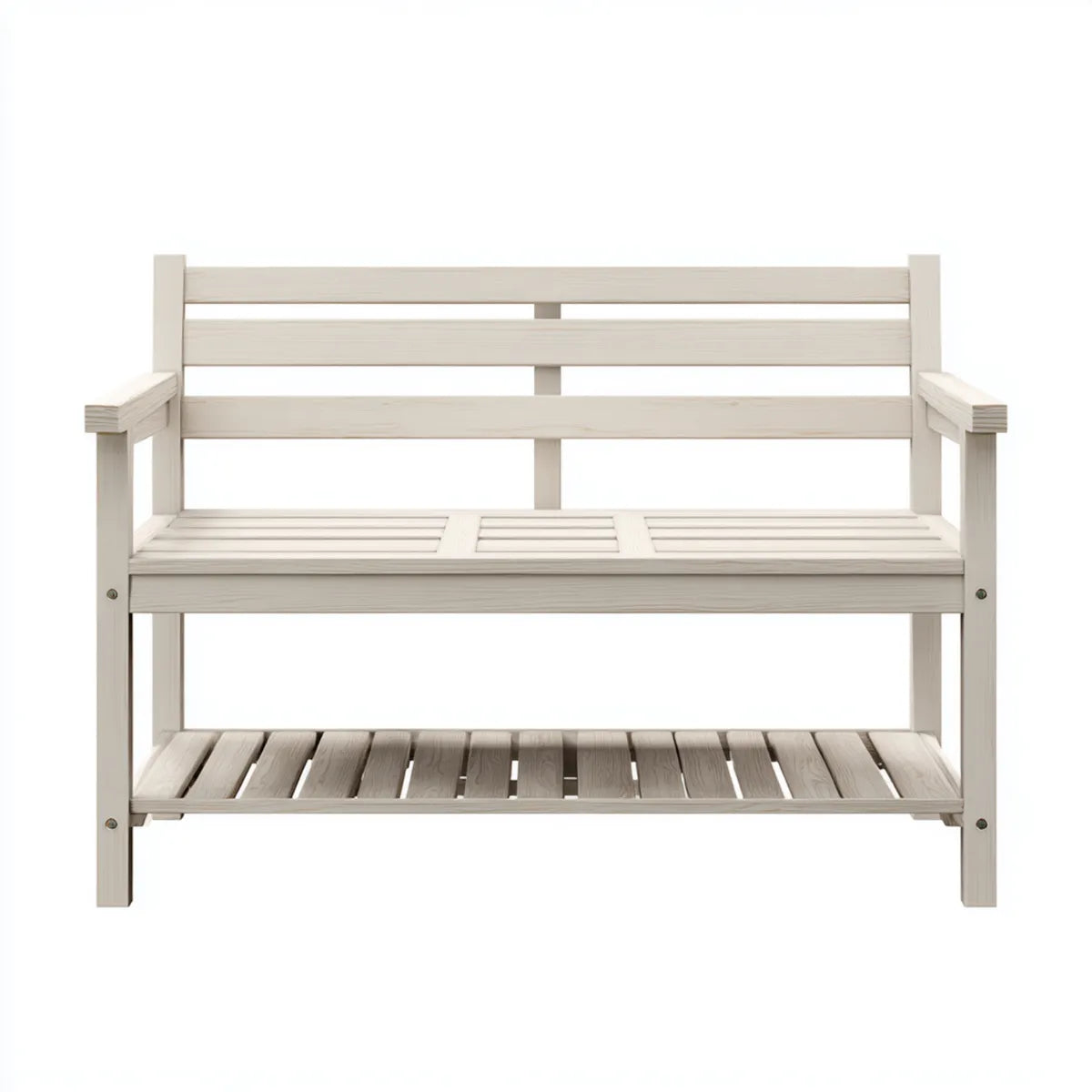 Ławka ogrodowa z białą półką 120 x 65 x 90 cm w litym drewnie z prostokątnej jodły