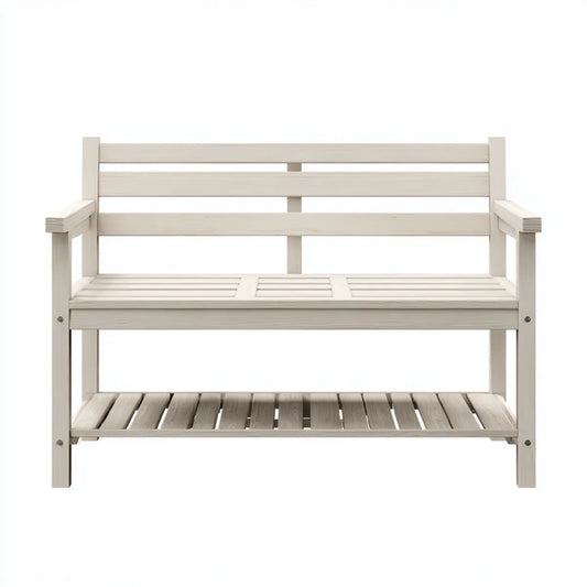 Ławka ogrodowa z białą półką 120 x 65 x 90 cm w litym drewnie z prostokątnej jodły