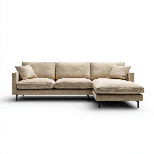 Sofa, Rożna sofa 3 beżowe poliestrowe fotele z krzesełkiem z prawej strony 280 x 165 x 85 cm