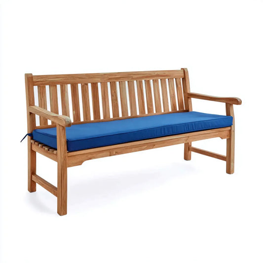 Ławka ogrodowa, 3 brązowa ławka z niebieską poduszką w prostokątnym teku stałym 150 x 62 x 90 cm