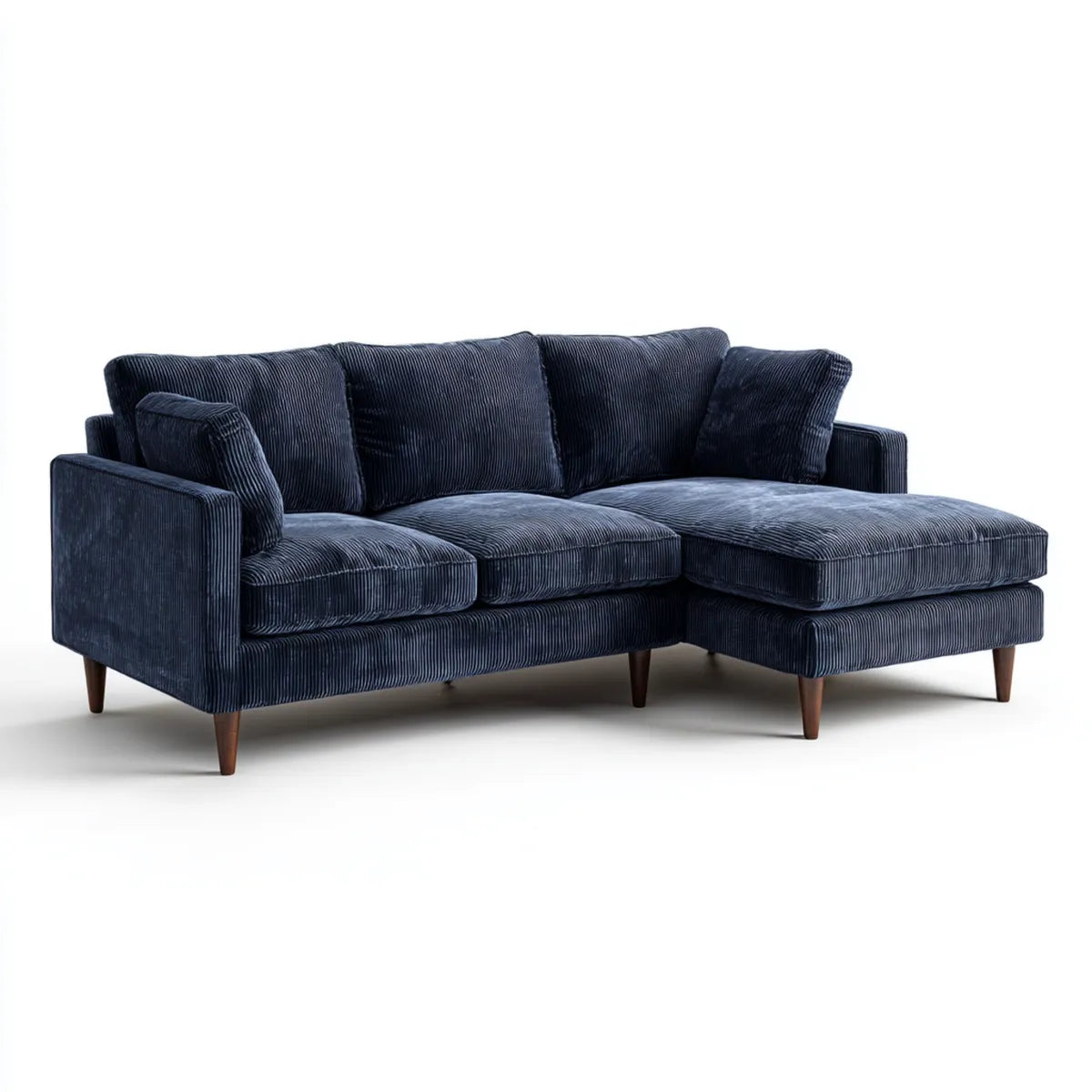 Sofa, Kącik sofa z szezlongiem prawa marynarka niebieski aksamit na żeberka poliestrowe 250 x 160 x 85 cm