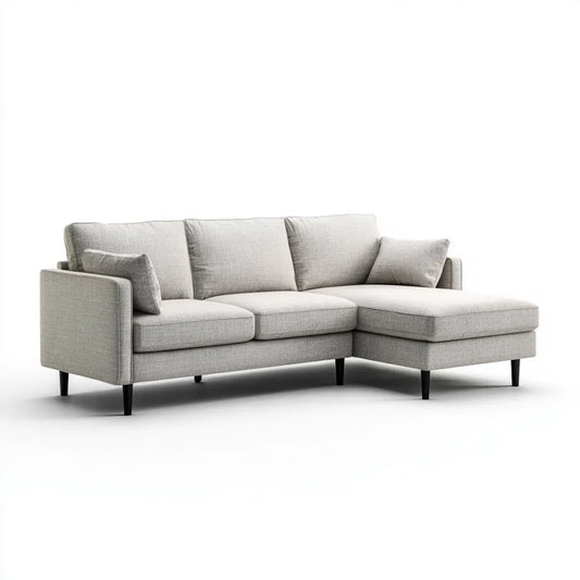 Sofa, Kanapa narożna z krzesełkiem z prawym, jasnoszarym poliestrem 230 x 150 x 85 cm do L