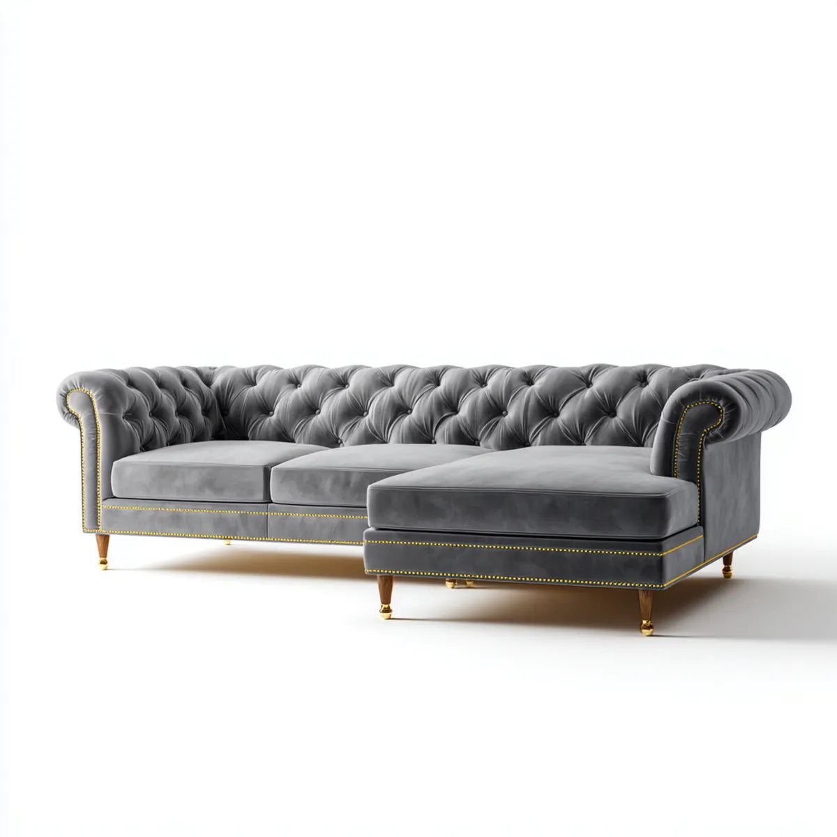 Sofa, Chesterfield szary aksamitny narożna sofa w poliestrowym aksamit 280 x 160 x 75 cm z prawym szezlongiem