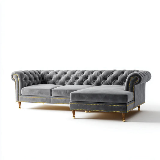 Sofa, Chesterfield szary aksamitny narożna sofa w poliestrowym aksamit 280 x 160 x 75 cm z prawym szezlongiem