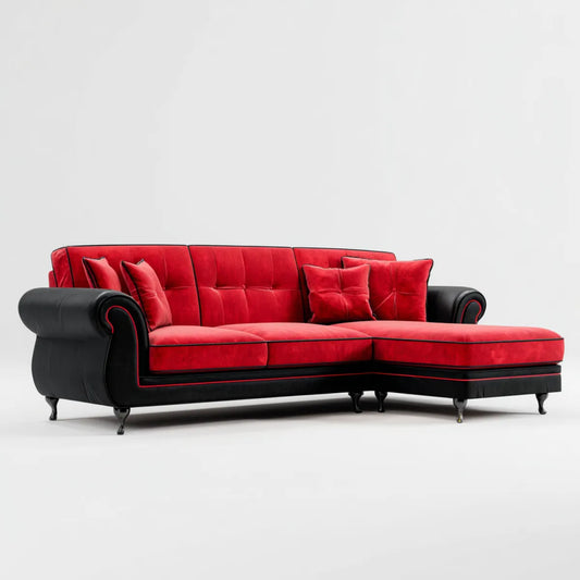 Sofa, Kanapa narożna z krzesełkiem z prawym czerwonym i czarnym 280 x 165 x 90 cm w aksamitnym kształcie poliestru L