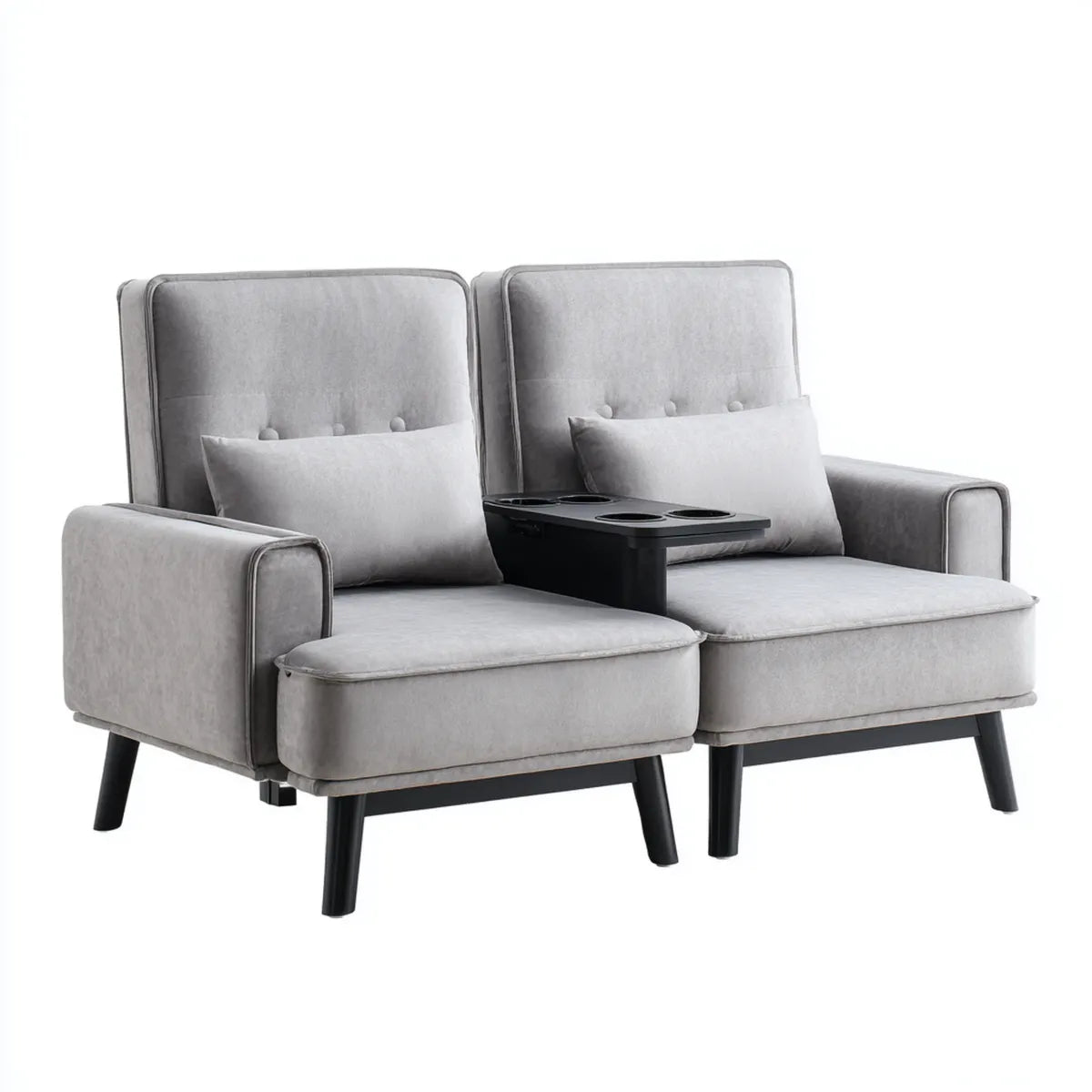 Sofa, Oprawa sofa 2 miejsca szare w aksamicie poliestrowym z konsolą do picia 150 x 90 x 102 cm