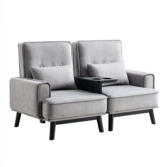 Sofa, Oprawa sofa 2 miejsca szare w aksamicie poliestrowym z konsolą do picia 150 x 90 x 102 cm