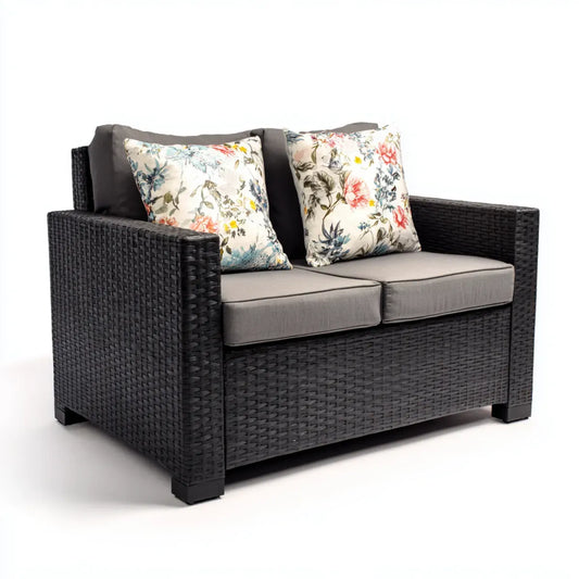 Sofa ogrodowa, Taras sofa 2-osobowa czarny szarość 128 x 74 x 76 cm PE rattan prostokątna z poduszką poliestrową