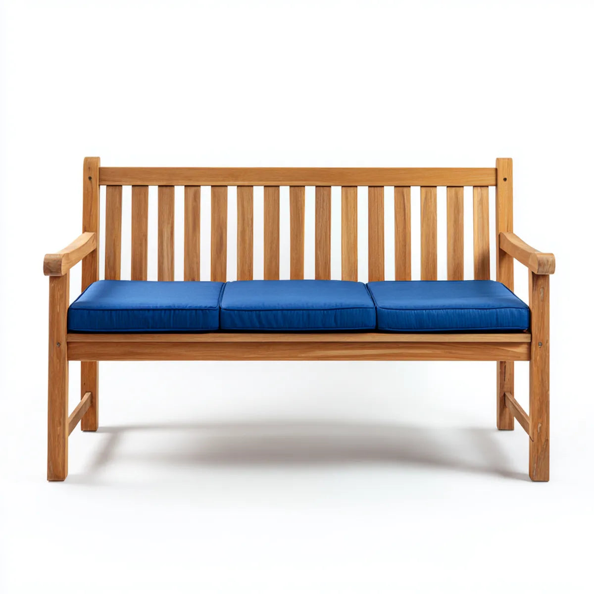 Ławka ogrodowa 3 miejsca w litej, naturalnej teku z niebieskimi poduszkami 150 x 60 x 90 cm