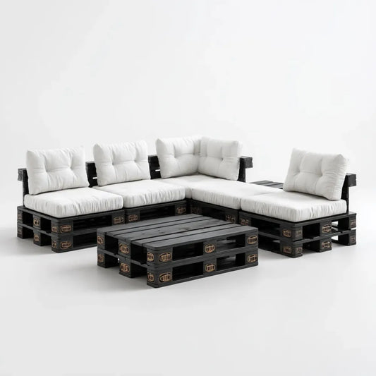 Sofa ogrodowa, Zestaw do palet zestaw taras sofa czarny biały 200 x 200 cm drewno sosnowe kształt litery L