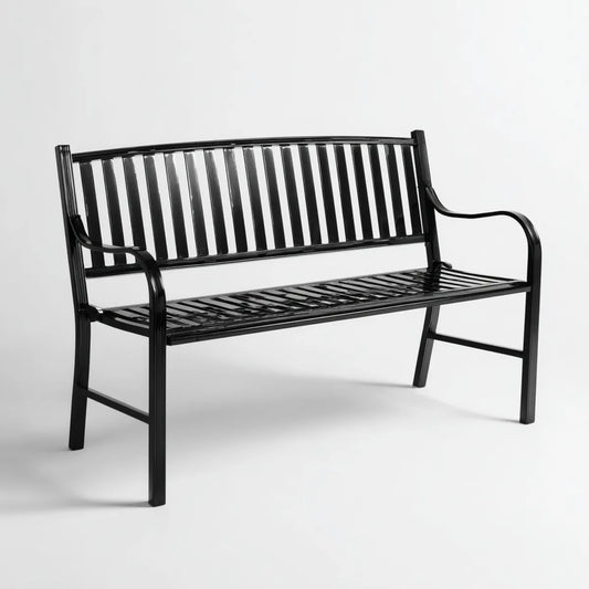 Ławka ogrodowa 3 fotele czarne 125 x 62 x 83 cm, prostokątna stal termoplastyczna