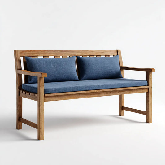 Ławka ogrodowa 2 naturalne i niebieskie 120 x 65 x 85 cm lite drewno akacjowe z prostokątnymi poduszkami